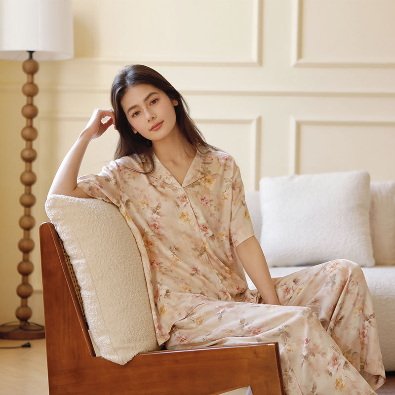 Cotton Satin Romantic Adenium Obesum Printing Lapel Pajamas Suit