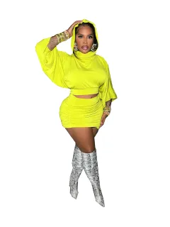 Hooded Bubble Sleeve Crop Top With Waist-cinching Pleated Wrap Skirt Two-piece Set - Yellow Green - View 1
