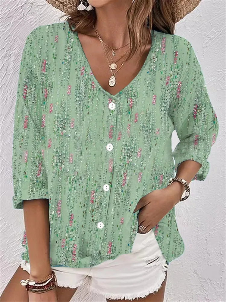 Women's V-neck Button Chiffon Printed Cardigan Long Sleeved Shirt - Light Green