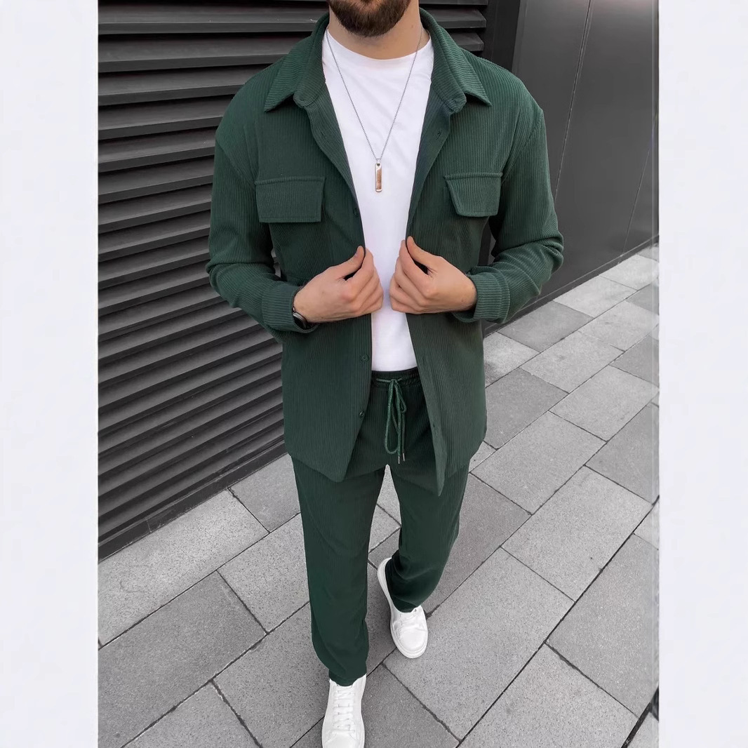 بدلة رجالية يومية بنمط كوردروي مع قميص بأكمام طويلة وياقة وبنطلون