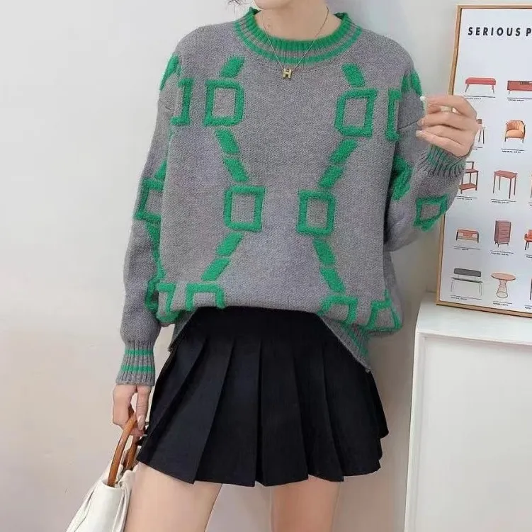 European And American Loose Knitted Round Neck Sweater - Gray