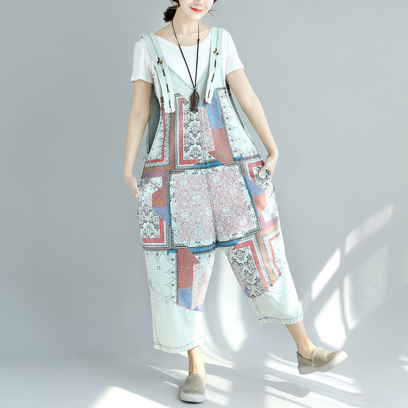 Printed Distressed Cropped Stitching Denim Suspender Pants White - Shop at LoveMi