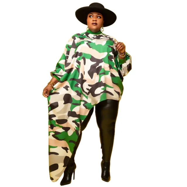 Women's Plus Size Loose Fit Printed Long Sleeve Asymmetrical Dress Green Stripes - Shop at LoveMi