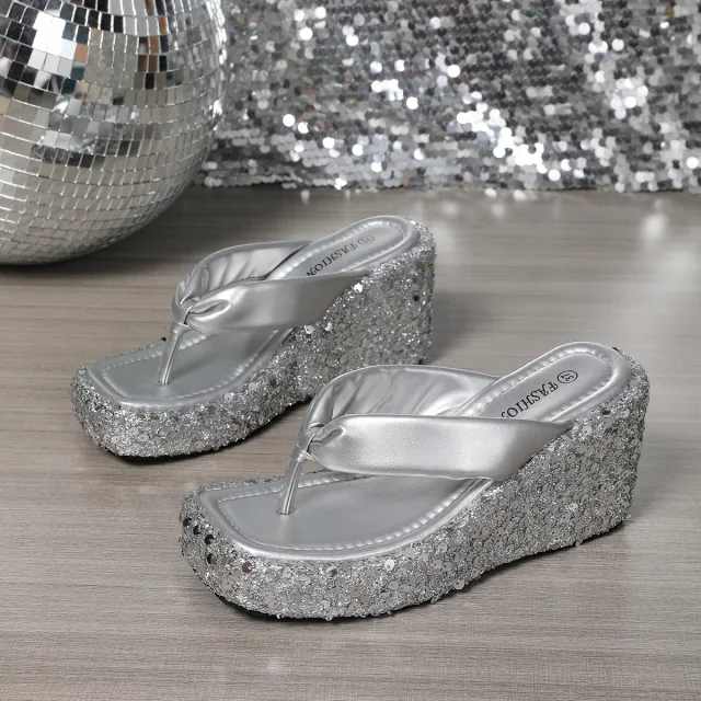 High Heels Wedge Sandals With Sequins Shiny Height Increasing Platform Flip Flops Women's Thick Bottom Shoes Beach Summer Silver - Shop at LoveMi