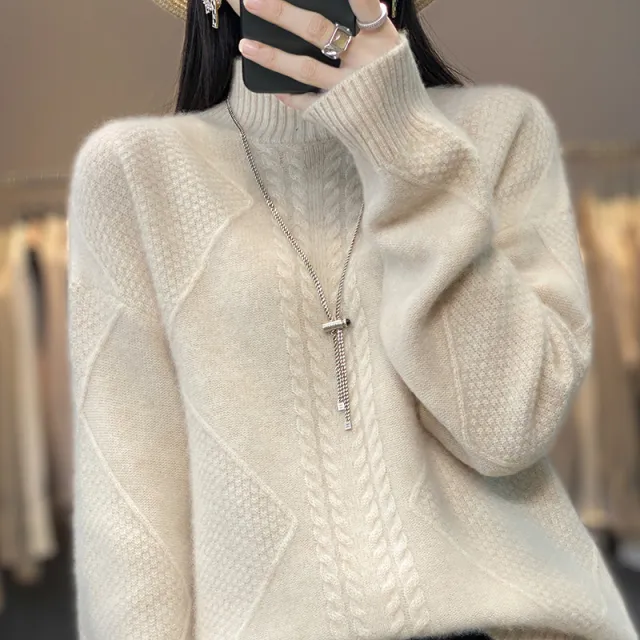 Autumn And Winter New Thickened Half high Collar Knitted Soft Glutinous Loose Pullover Women Beige - Shop at LoveMi
