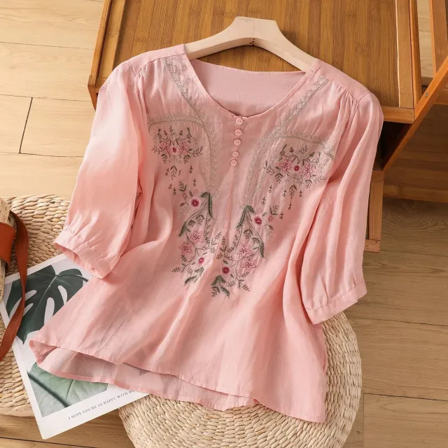 Short Sleeve Top Pullover Embroidered 's Loose Slimming And All matching Pink - Shop at LoveMi