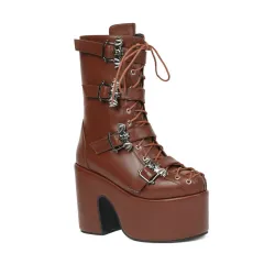 Punk Platform Martin Boots Women's Round Head Gothic Muffin Bottom Tall Knight Boots - Brown - View 1