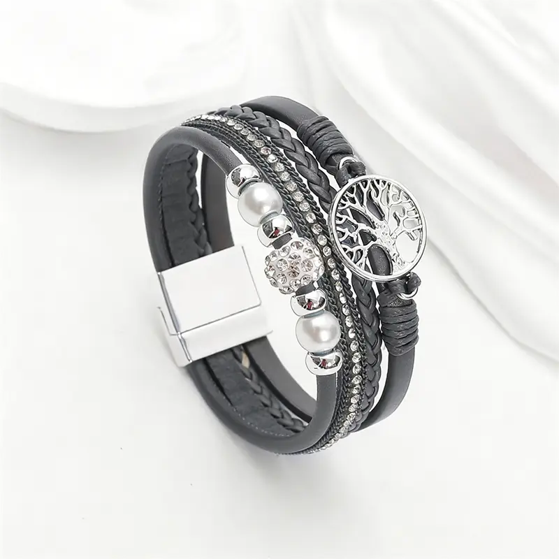 Drilled-bead Multi-layer PU Leather Braided Magnetic-clasp Bracelet