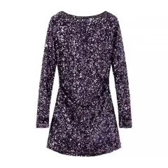 French Style Retro Crew Neck Long Sleeve Sequined Backless Dress - Dark Purple - View 1