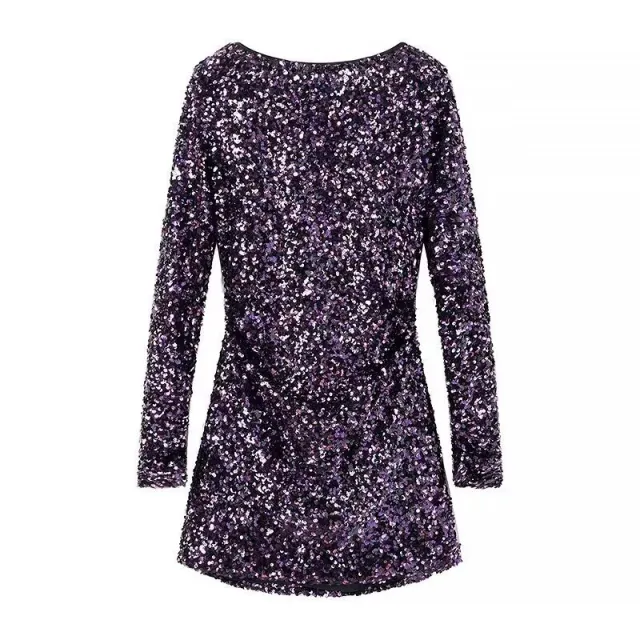 French Style Retro Crew Neck Long Sleeve Sequined Backless Dress Dark Purple - Shop at LoveMi