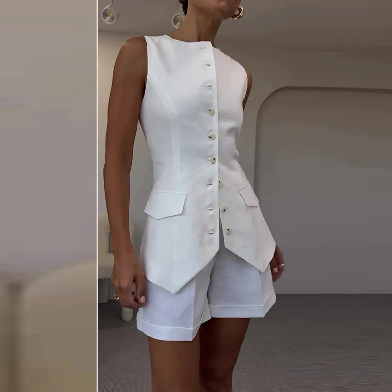 Summer New Women's Solid Color Slim Sleeveless Vest High Waist Shorts Two-piece Set - White