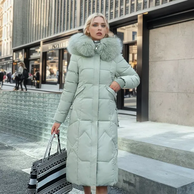 Women's Cotton padded Clothes Over The Knee Large Fur Collar Quilted Jacket Green - Shop at LoveMi