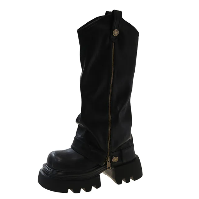 Thick Bottom Below The Knee Long Boots Female High Pants Black - Shop at LoveMi