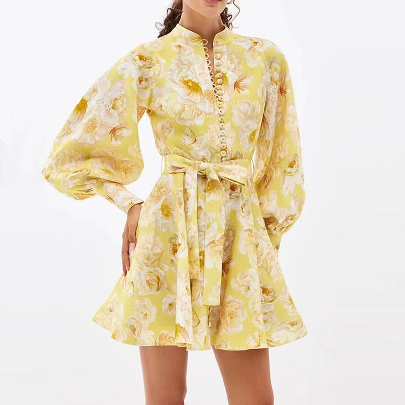 Belt Lantern Sleeve Holiday Swing Dress