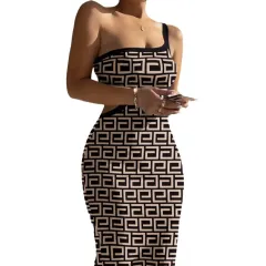 Off-shoulder Sexy Tight Waist-baring Short Bodycon Dress - Brown - View 1