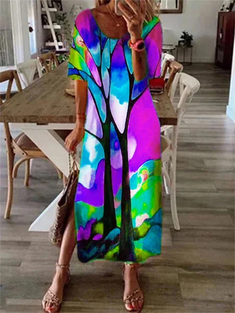 Women's Casual Short sleeved Printed Loose Stitching Extra Long Dress Lyq081000004 - Shop at LoveMi