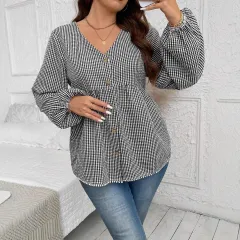 New Korean-style Slim Waist V-neck Long Sleeve Shirt - Plaid-2Xl - View 1