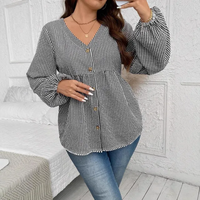 New Korean style Slim Waist V neck Long Sleeve Shirt Plaid 0Xl - Shop at LoveMi