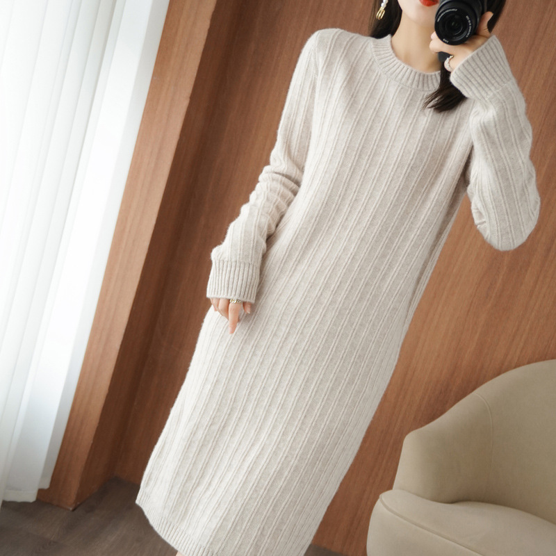 Mid length Women's Round Neck Autumn And Winter Dress Over The Knee Thick Knitted Light Camel - Shop at LoveMi