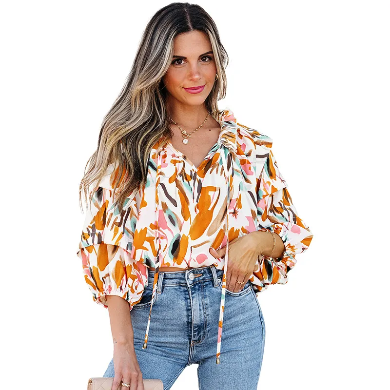 European And American Fashion Colorblock Printed V-neck Chiffon Shirt Women - Color-Xl