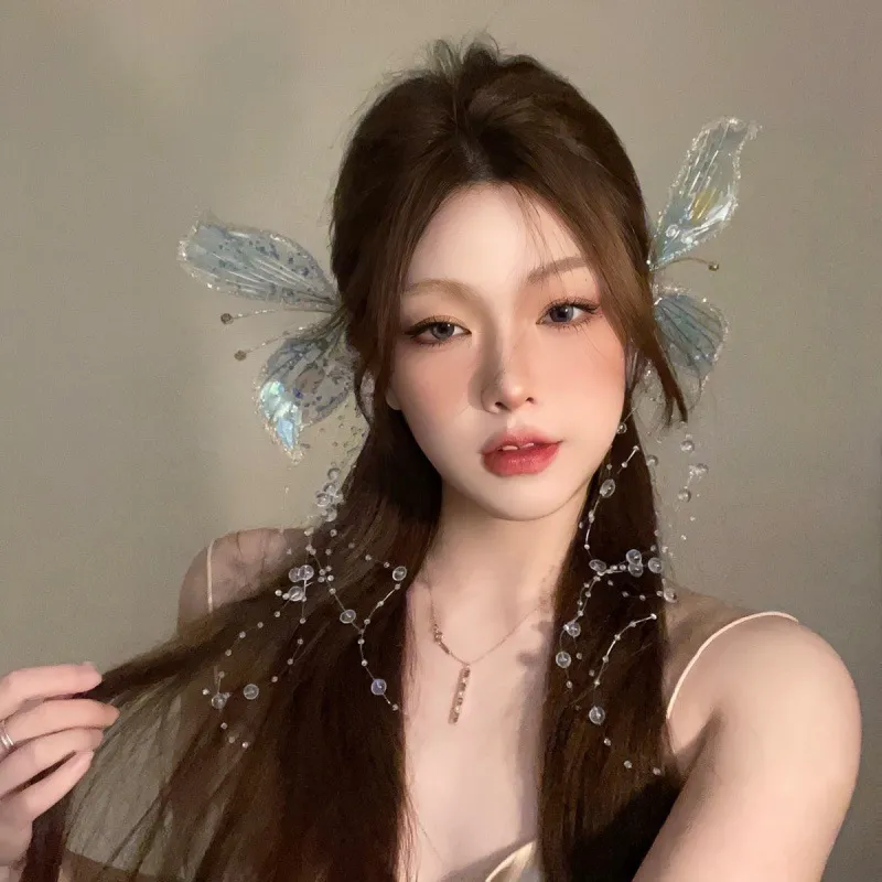 Ladies Bridal Wedding Butterfly Wings Tassel Elf Crystal Headwear - Blue