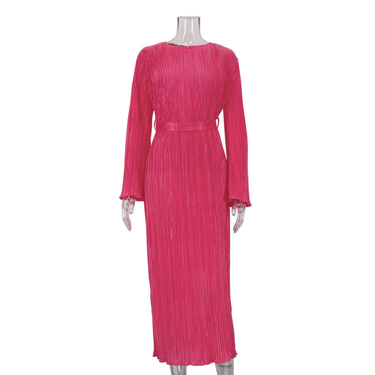 Round Neck Tied Flared Long Sleeve Pleated Dress