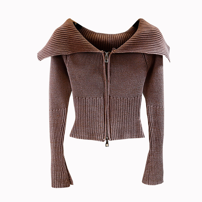 Autumn And Winter New Slim Vertical Striped Long Sleeve Knitted Cardigan Top Off-the-shoulder Cropped Sweater Coat