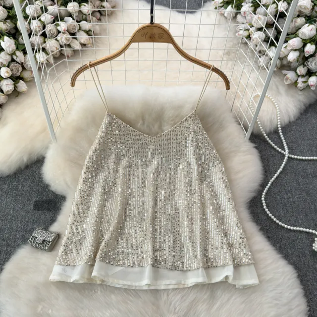 Women's Versatile Loose Sequin Camisole Vest Champagne Free Size - Shop at LoveMi