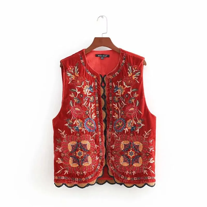 Ethnic Style Sequined Embroidery Vest Jacket - Red
