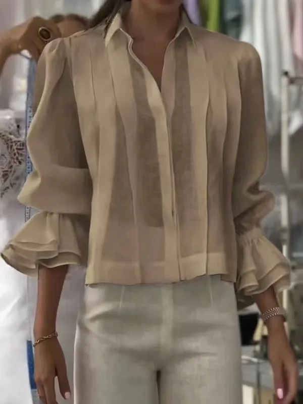 Pleated Solid Color Stitching Short Sleeve Shirt Khaki - Shop at LoveMi