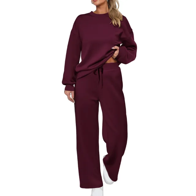 Long sleeve Top And Casual Wide leg Pocket Pants Sweatshirt Set Wine - Shop at LoveMi