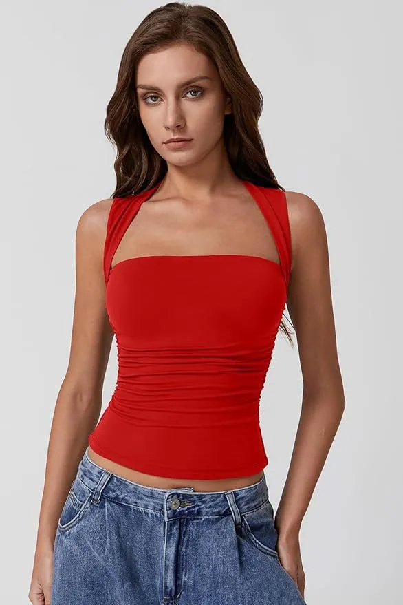 Off the shoulder Square Collar Shoulder Strap Midriff baring Top Red - Shop at LoveMi
