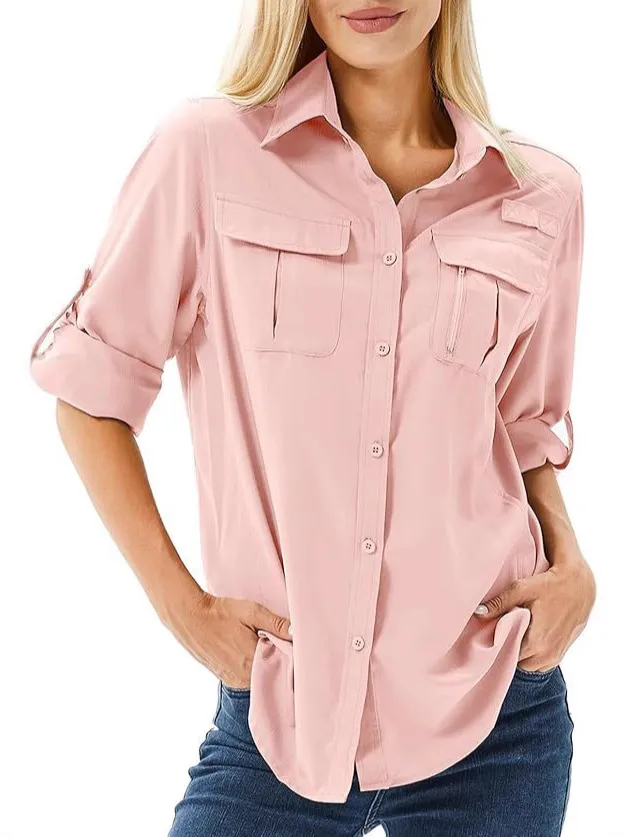 Casual Quick drying Stretch Zipper And Lapel Pocket Women's Shirt Pink - Shop at LoveMi