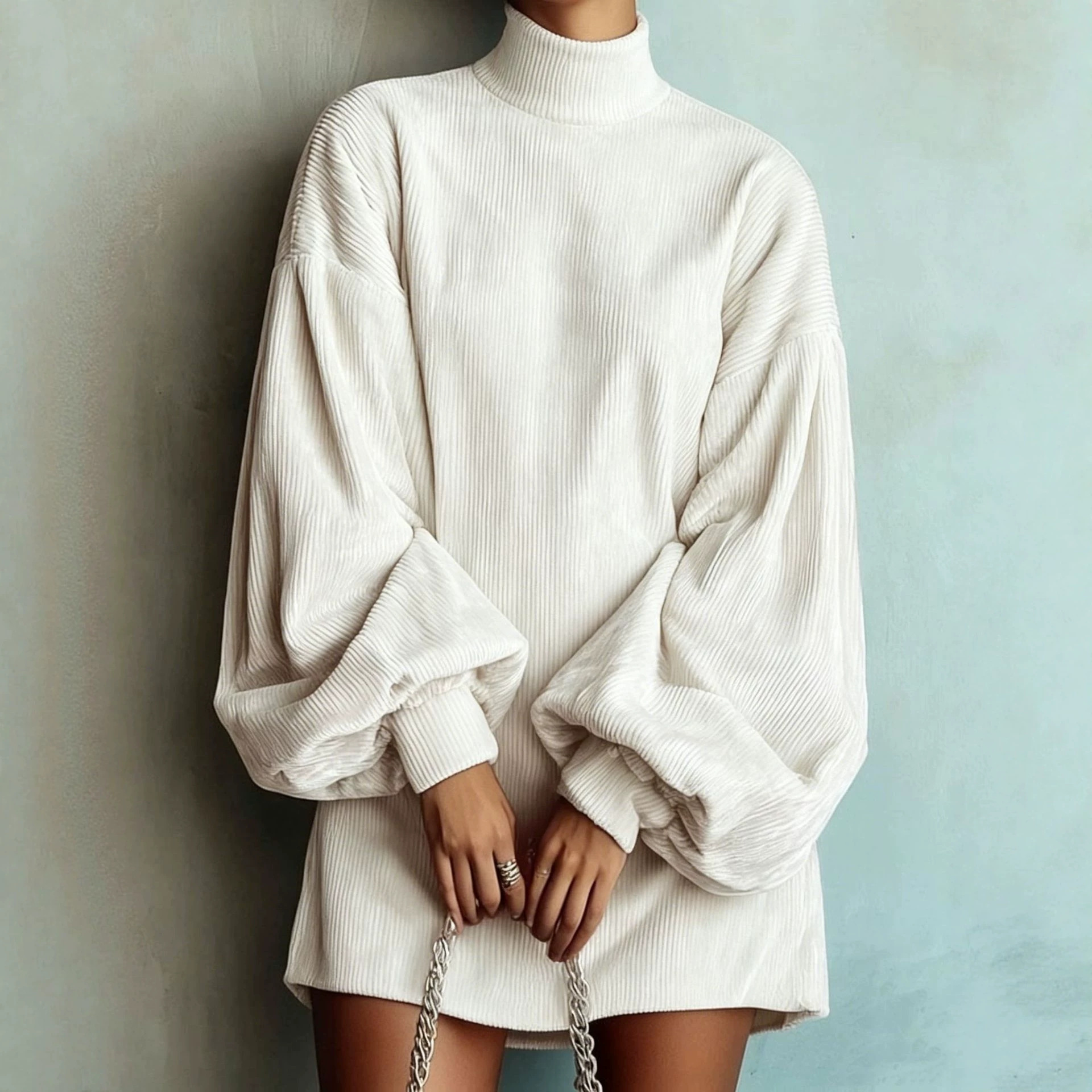 Loose Fit Long Sleeve Dress With Puff Sleeves - Casual Women's Midi ...