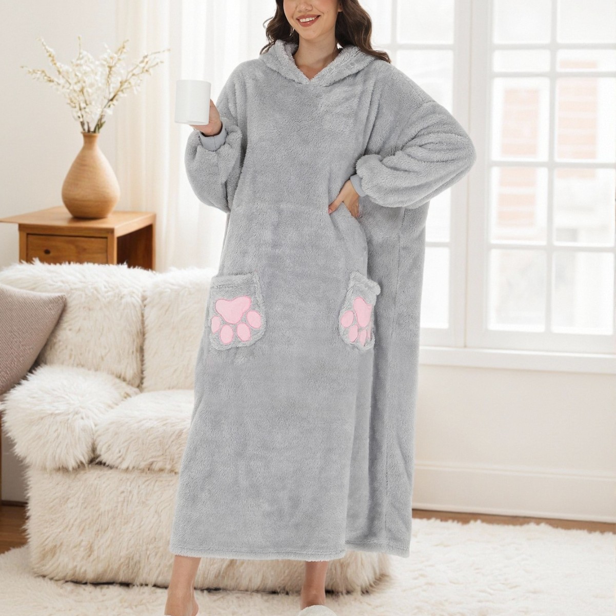 Lazy Nightgown Flannel Hooded Cute Cat Lengthened Pajamas
