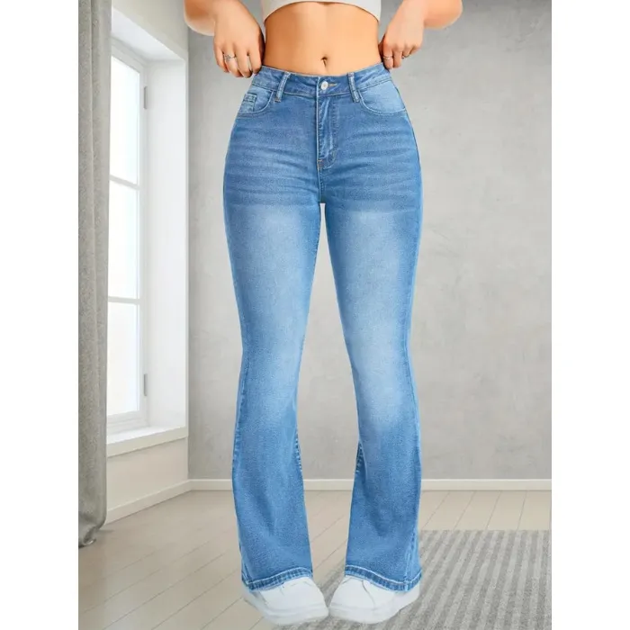 Pocket Design Loose Flared Pants Slim Fit Light Blue Trousers - Blue