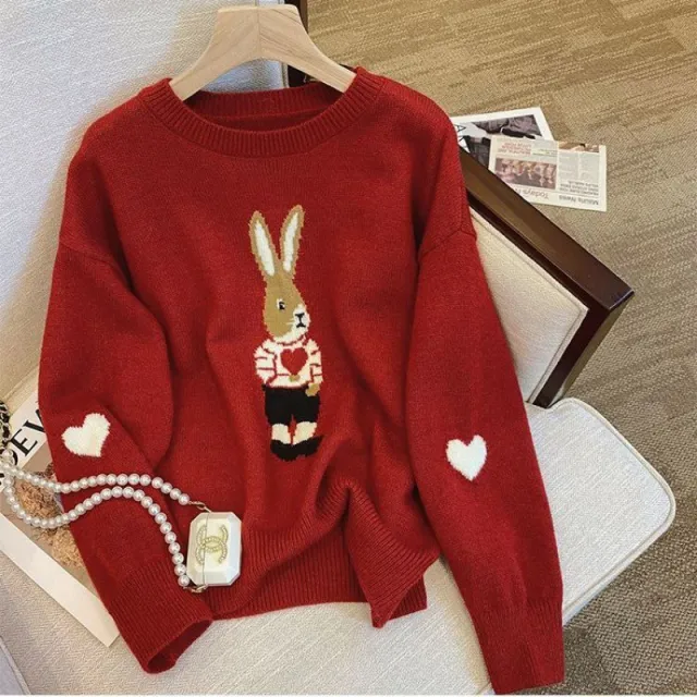 Cute Youth looking Pullover Cartoon Rabbit Jacquard Long sleeved Sweater Red - Shop at LoveMi