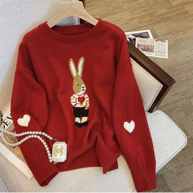 Cute Youth-looking Pullover Cartoon Rabbit Jacquard Long-sleeved Sweater - Red