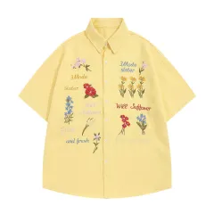 Retro Bear Embroidery Short Sleeve Plaid Shirt Summer Clothing - Yellow - View 1