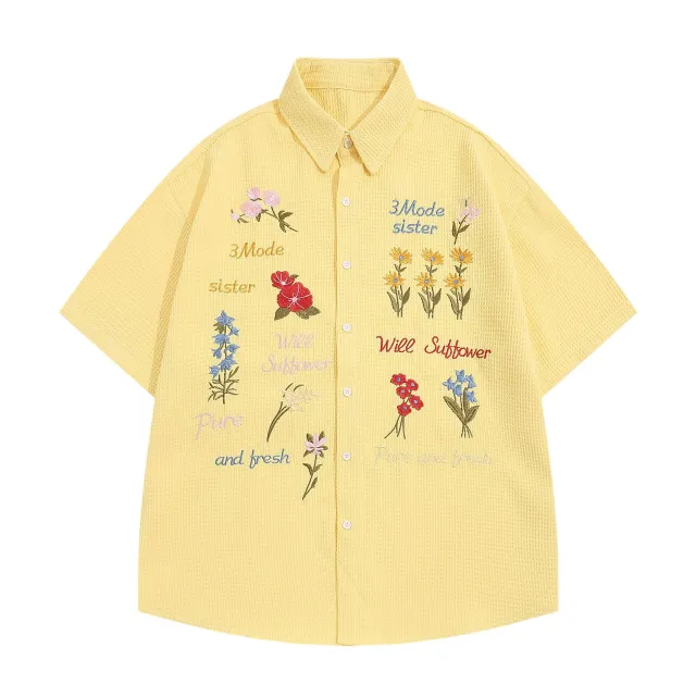 Retro Bear Embroidery Short Sleeve Plaid Shirt Summer Clothing Yellow - Shop at LoveMi