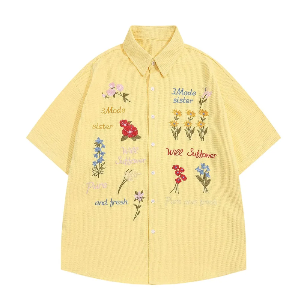 Retro Bear Embroidery Short Sleeve Plaid Shirt Summer Clothing - Yellow