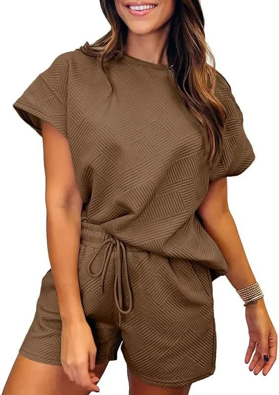 Solid Color Round Neck Short Sleeves Top Shorts Suit Coffee - Shop at LoveMi