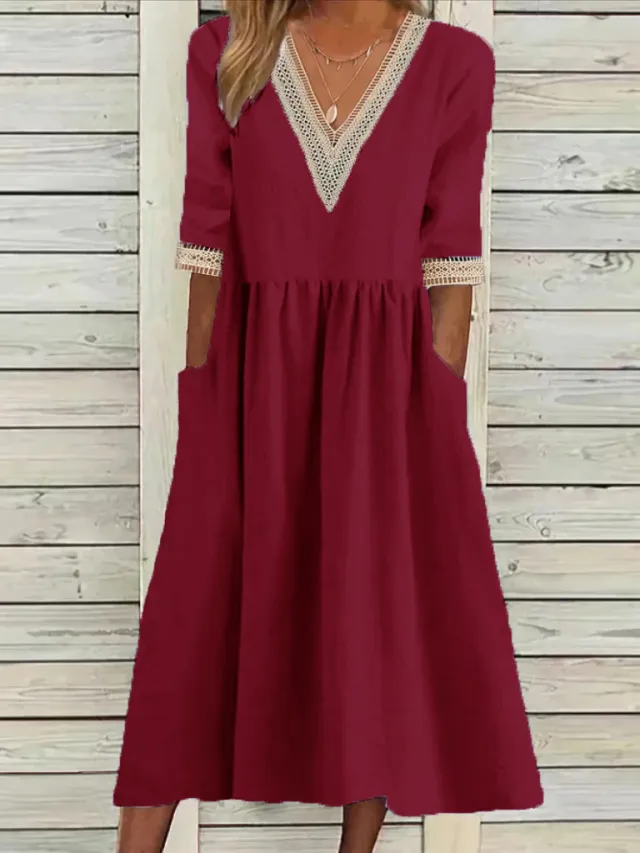 Cotton And Linen Lace Collar Half Sleeve Mid length Dress Wine - Shop at LoveMi