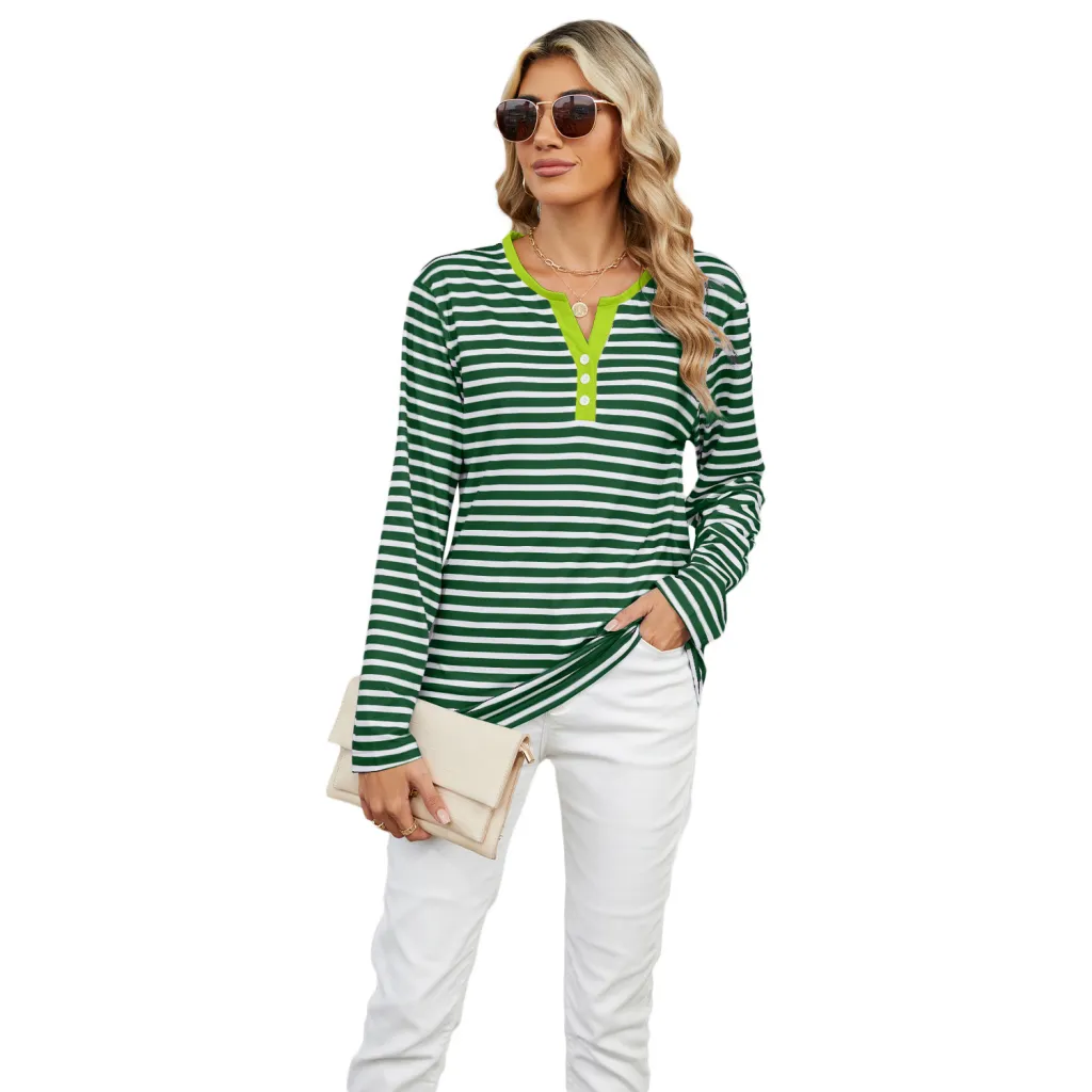 Women's V-neck Striped Loose Long-sleeved T-shirt Top - Green Stripes