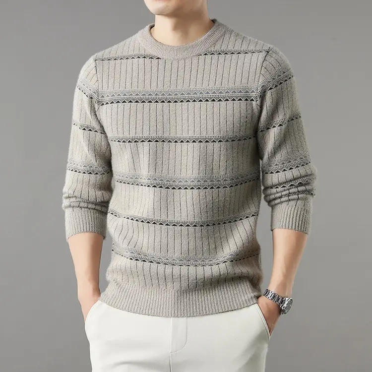 Mens Knitted Fleece-lined Thick Crew-neck Faux Mink