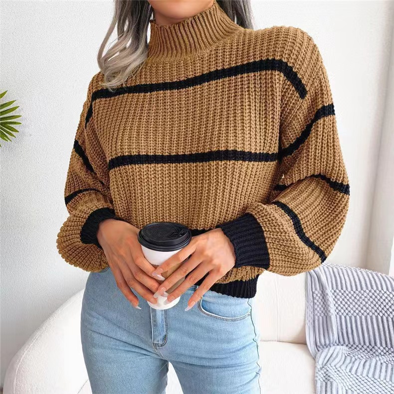 Title 2, Contrast Color Striped Sweater New Half Turtlen...