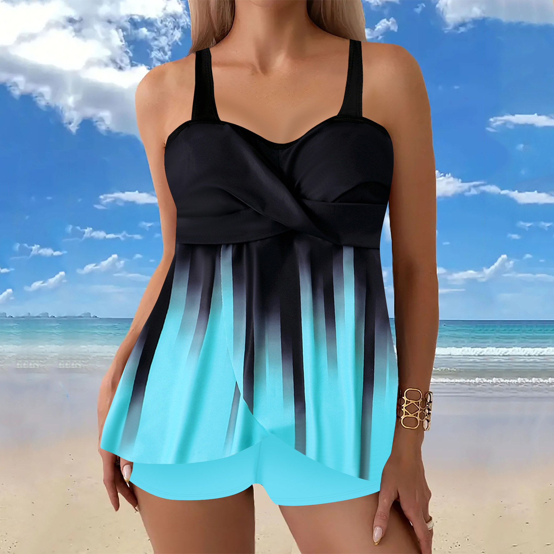 New European And American Style Gradient Print Plus Size Two Piece Boxer Swimsuit