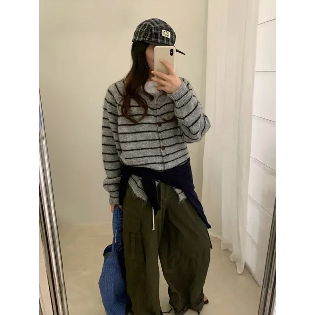 Mixed Color Stripe Long Sleeve Women's Sweater Jacket Gray - Shop at LoveMi