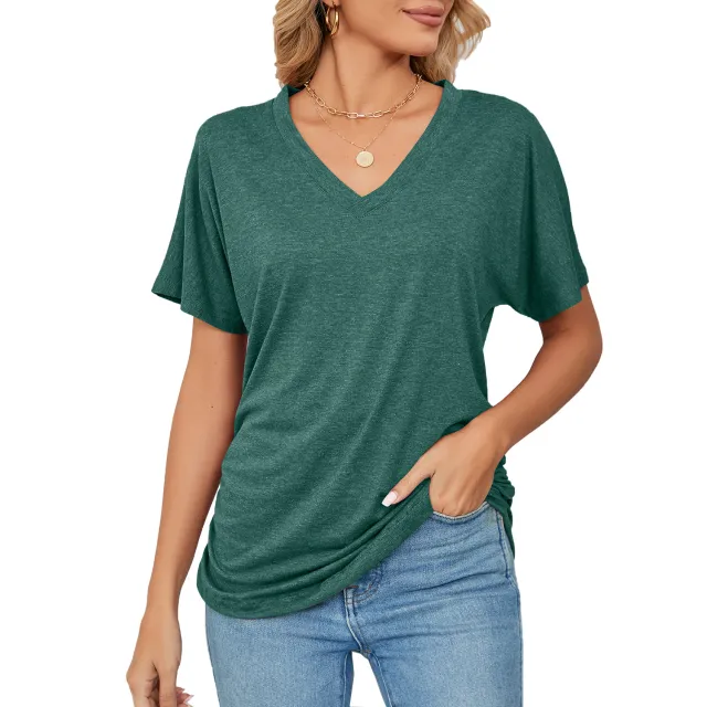Leisure Pullover V neck Solid Color Loose T shirt Women's Top Dark Green - Shop at LoveMi