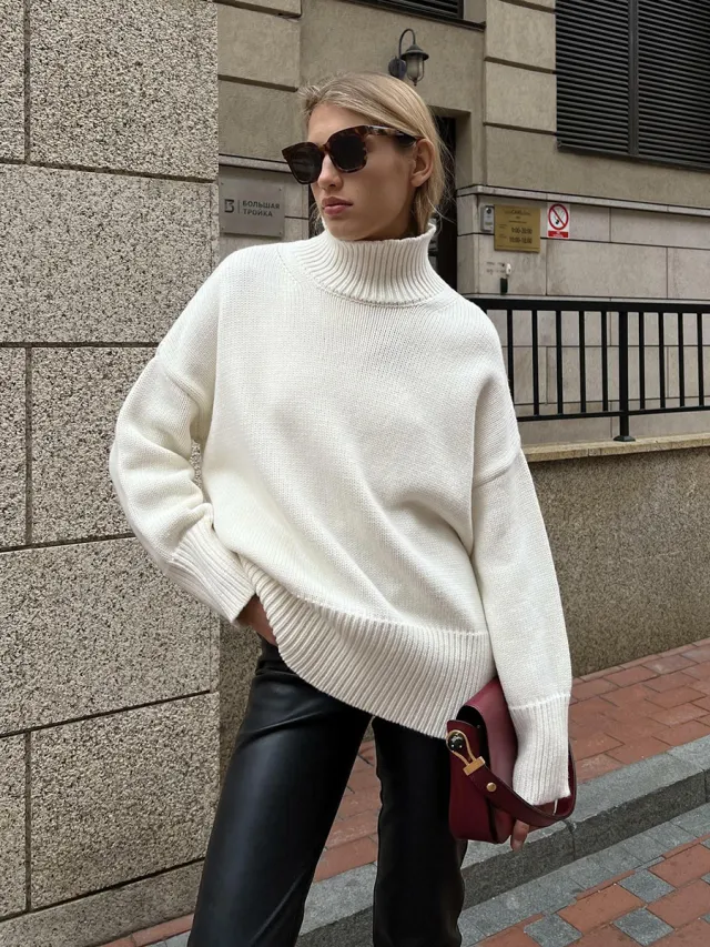 Half Turtleneck Commuter Solid Color Knitted Pullover Sweater White - Shop at LoveMi